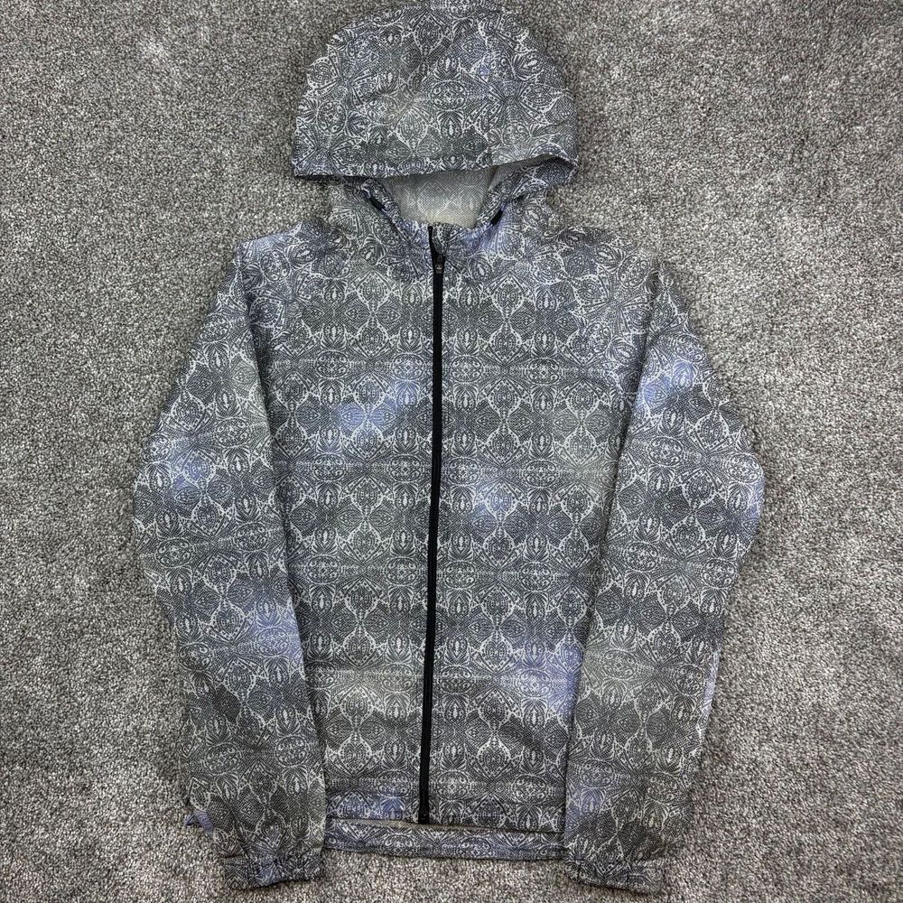 Athleta‎ Windbreaker Jacket Women's Small Gray Paisley Full Zip Hooded UPF Light